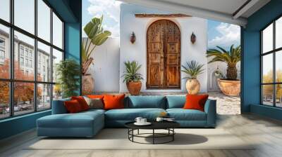 An island villa with large antique wooden door, whitewashed walls, gravel, agave plants and palm trees Wall mural