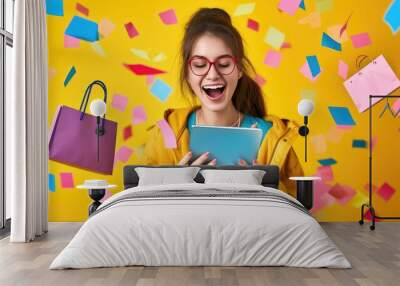 An online shopper being delighted by a personalized e-commerce experience, vibrant color shot Wall mural