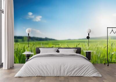 Beautiful panoramic natural landscape of a green field with grass against a blue sky with sun. Spring summer blurred background. Generative AI Wall mural