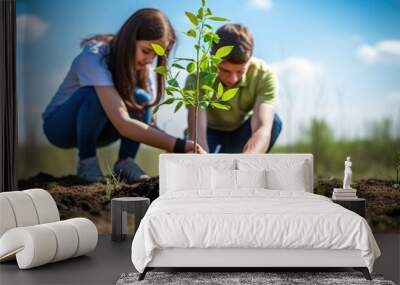 Boy and girl planting a small tree Wall mural