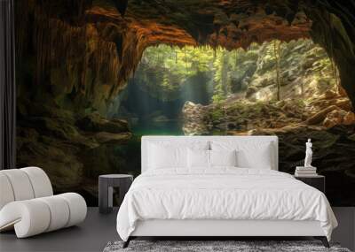 Breathtaking underground cave with lake. Generative AI Wall mural