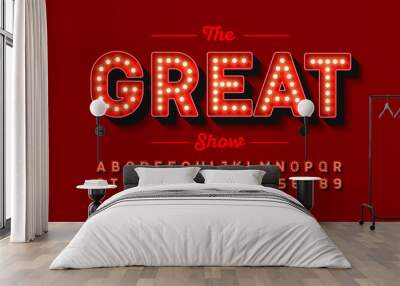 Broadway style retro light bulb font, vintage alphabet letters and numbers Wall mural