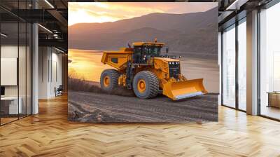 Bulldozer machine on a dirt terrain at sunset Wall mural