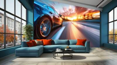 Car driving on highway, motion blur effect Wall mural