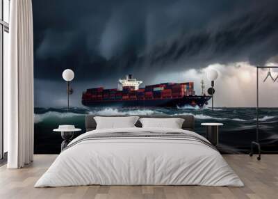 Cargo container ship floating from a cargo yard port in storm. Generative AI Wall mural