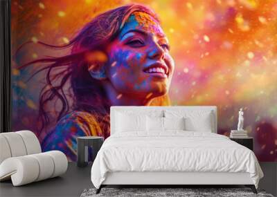 Celebrating Holi color festival. Generative AI Wall mural