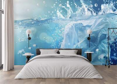 Cleaning clothes. Washing machine or detergent liquid with floating clothes underwater with bubbles and wet splashes Wall mural