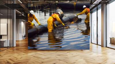 Cleaning Up After an Oil Spill. Workers in protective gear cleaning up oil spills from ship. Generative AI Wall mural