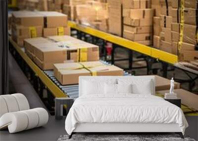 Close-up of multiple cardboard box packages moving along a conveyor belt in a warehouse. Generative AI Wall mural