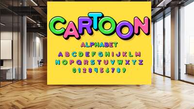 Colorful cartoon style font design, alphabet letters and numbers Wall mural