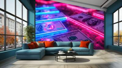 Dollar bills in neon lights  background Wall mural