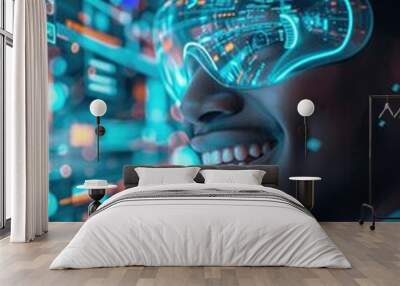 E-commerce startup concept. Smiling young businessman with a futuristic AI headset, holographic screens displaying around Wall mural