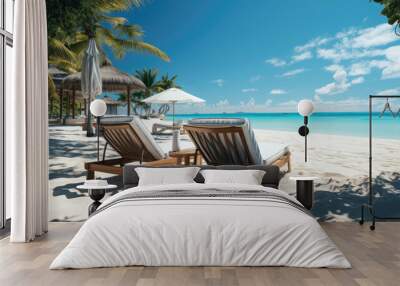 Empty lounge chairs with umbrellas on white sand beach in hot summer day. Generative AI Wall mural