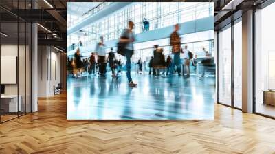 Expo hall at a tech conference with people in motion, blurred effect Wall mural