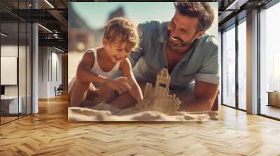 Father and his little son building sand castle at the beach. Happy and joyful. Generative A Wall mural