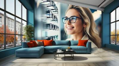 Female customer selecting optical eyewear while visiting shop Wall mural