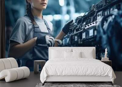 Female worker in a modern automotive manufacturing plant, confidently operating machinery Wall mural