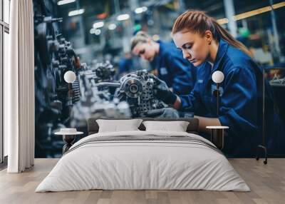 Female worker in a modern automotive manufacturing plant, confidently operating machinery Wall mural