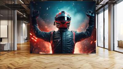 Formula one racing team driver cheering, celebrating victory on sports track.  Wall mural