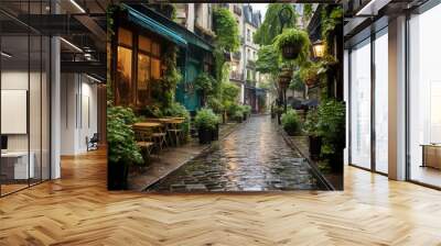 French style alley in Paris with plant-filled facades and wet stone road in the rain. Generative AI Wall mural