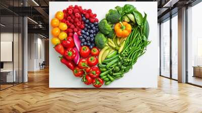 Fresh fruits and vegetables in a heart shape plate, top view, Wall mural