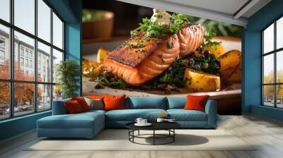 Fried salmon steak with vegetables. Generative AI Wall mural