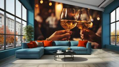 Friends toasting white wine at dinner party in restaurant. Generative AI Wall mural