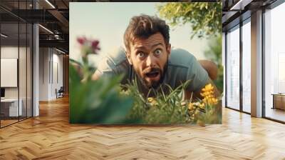 Funny desperate and exhausted family man is doing gardening and has problems. Generative AI Wall mural