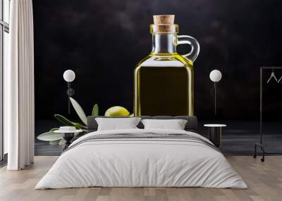 Glass bottle of organic olive oil with olive branch Wall mural