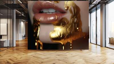 Gold paint on a beautiful model girl's face. Close up view. Generative AI Wall mural