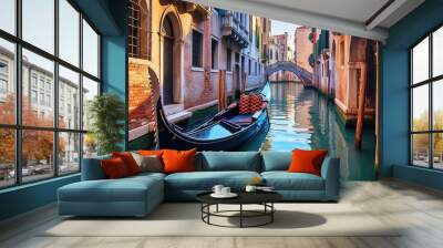 Gondola gliding through the canals of Venice. Generative AI Wall mural