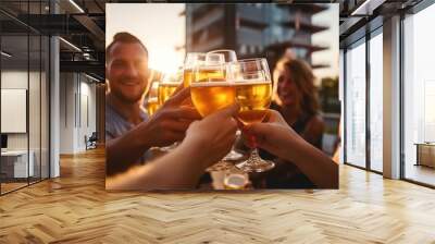 group of friends drink beer on the terrace and toast during summer night. generative a Wall mural