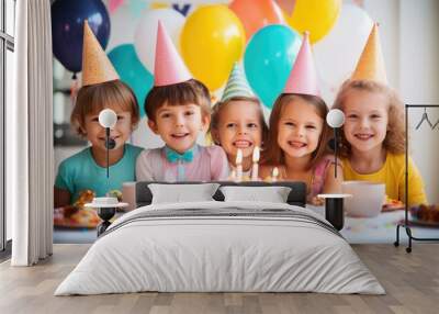 Group of happy children celebrating birthday party Wall mural