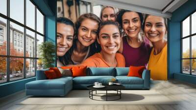 Group of happy people taking a selfie together in a yoga studio. Generative AI Wall mural