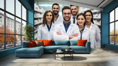 Group of pharmacists standing together in a chemist. Generative AI Wall mural