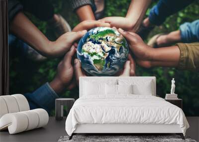 Group of young people holding a globe earth. Generative AI Wall mural