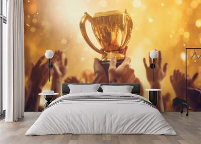 Hands raised up the gold cup of champions. Generative AI Wall mural