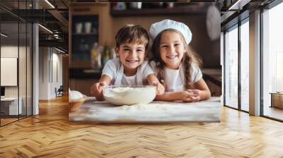 Happy kids baking delicious cookies. Generative AI Wall mural