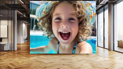 Happy little girl taking selfie in an outdoor swimming pool Wall mural