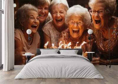 Happy senior women friends celebrating a birthday. Generative AI Wall mural