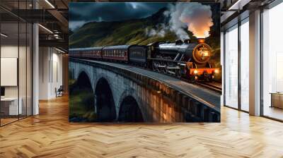 Hogwart Express Steam Train traveling on the Glenfinnan Viaduct in Scotland. Generative AI Wall mural