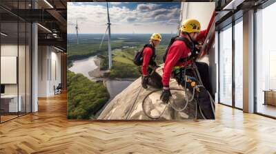 Inspection engineers prepare to descend down the towering rotor blade of a wind turbine amidst a breathtaking natural backdrop. Generative AI Wall mural