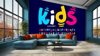 Kids style colorful font design, playful childish alphabet, letters and numbers Wall mural