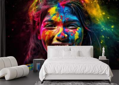 Laughing happy woman celebrating Holi holiday, folk festival of colors in Nepal and India. Symbolizes arrival of spring, the expulsion of evil and the rebirth of life. Generative AI Wall mural