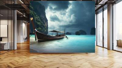 Longtail boat anchored in the sea, with the landscape of the archipelago visible in the background. Thailand. Generative AI Wall mural