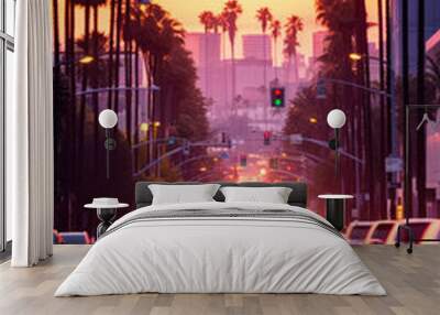 Los Angeles street in a pink light, sunset. Generative AI Wall mural