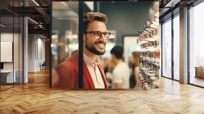 Male customer selecting optical eyewear while visiting shop Wall mural