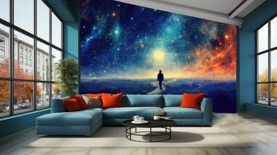 Man walking through the universe. Generative AI Wall mural