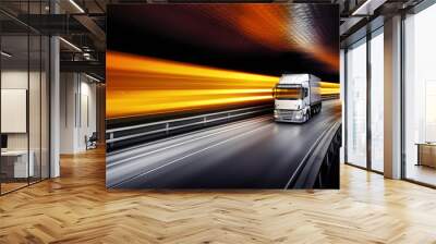 Modern lorry speeding down the highway, surrounded by the hustle and bustle of global business activity. Generative AI Wall mural