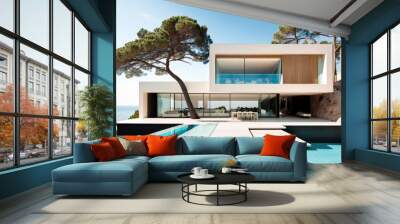 Modern Mediterranean style house design with terrace and swimming pool. Generative AI Wall mural